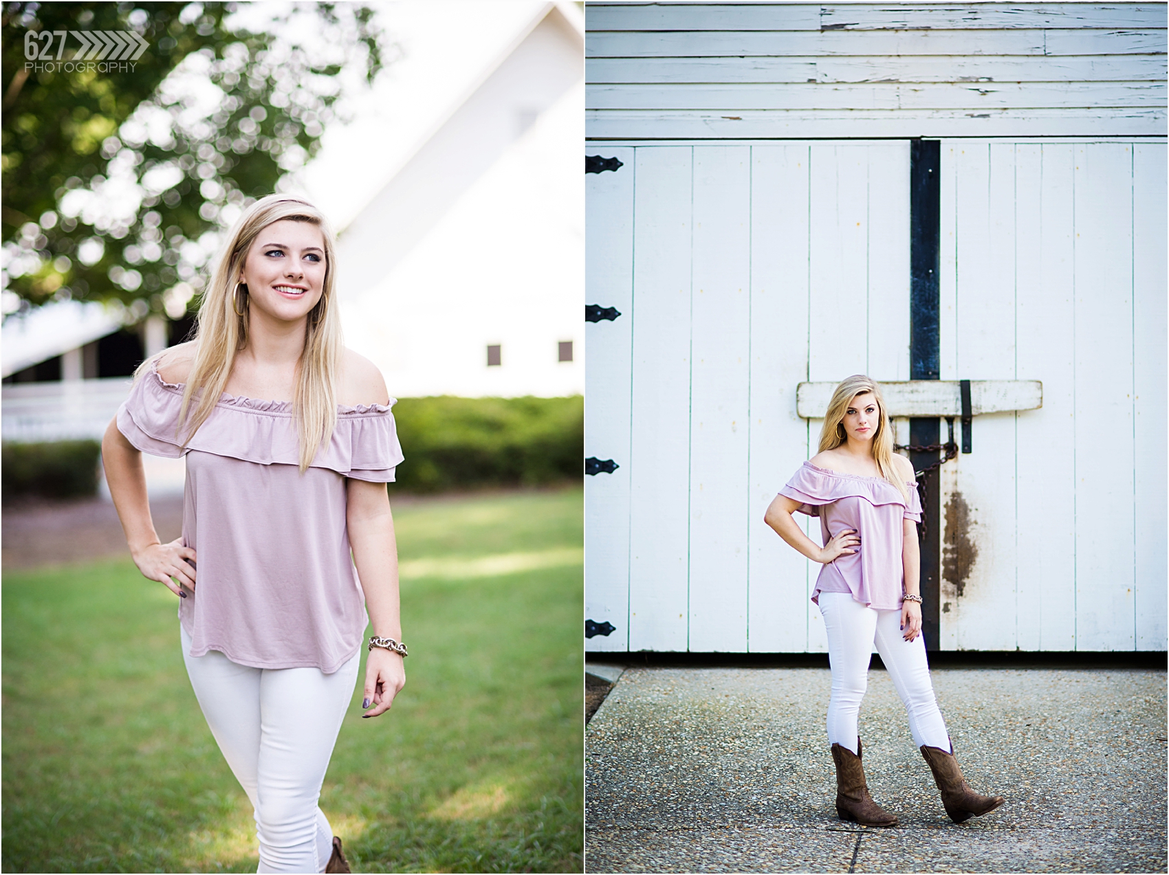 senior girl in cowboy boots by barn