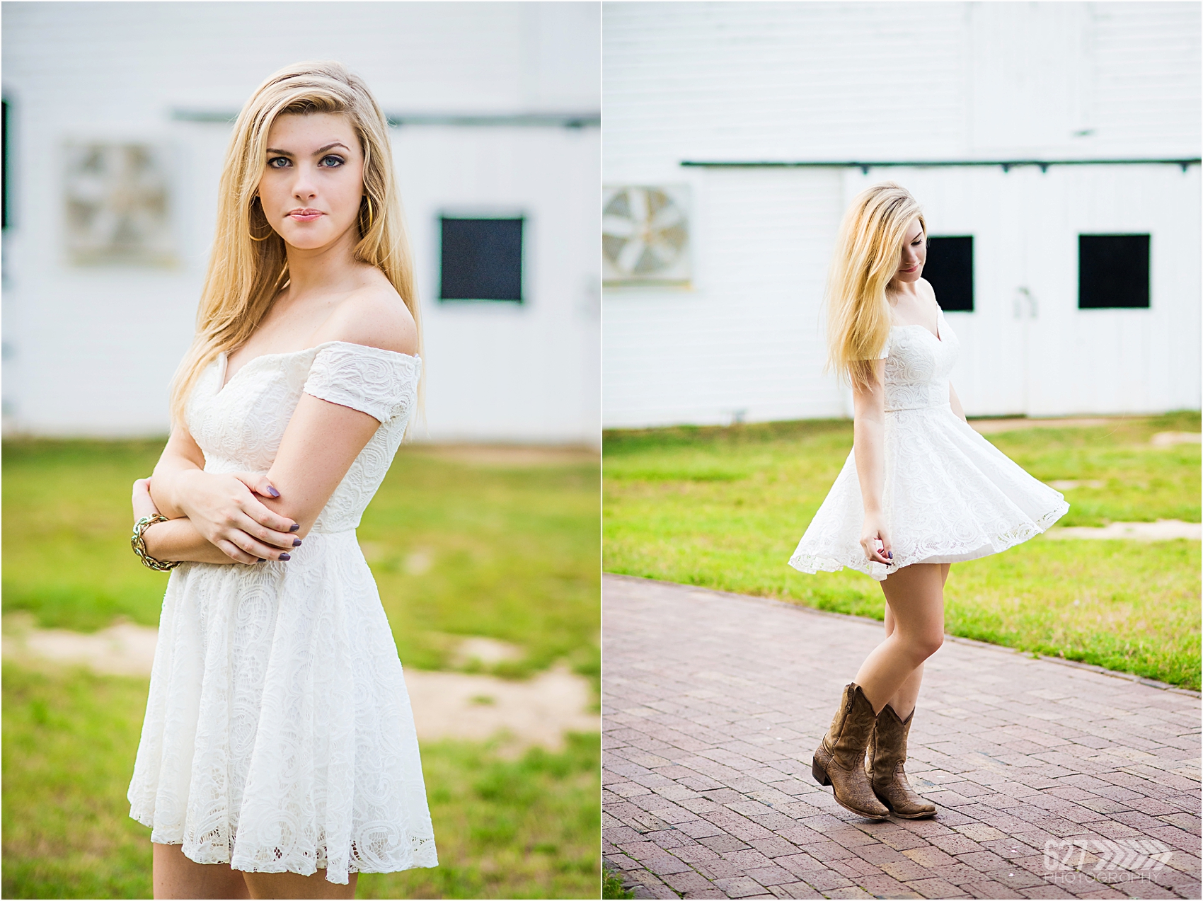 senior girl lace dress cowboy boots and barn