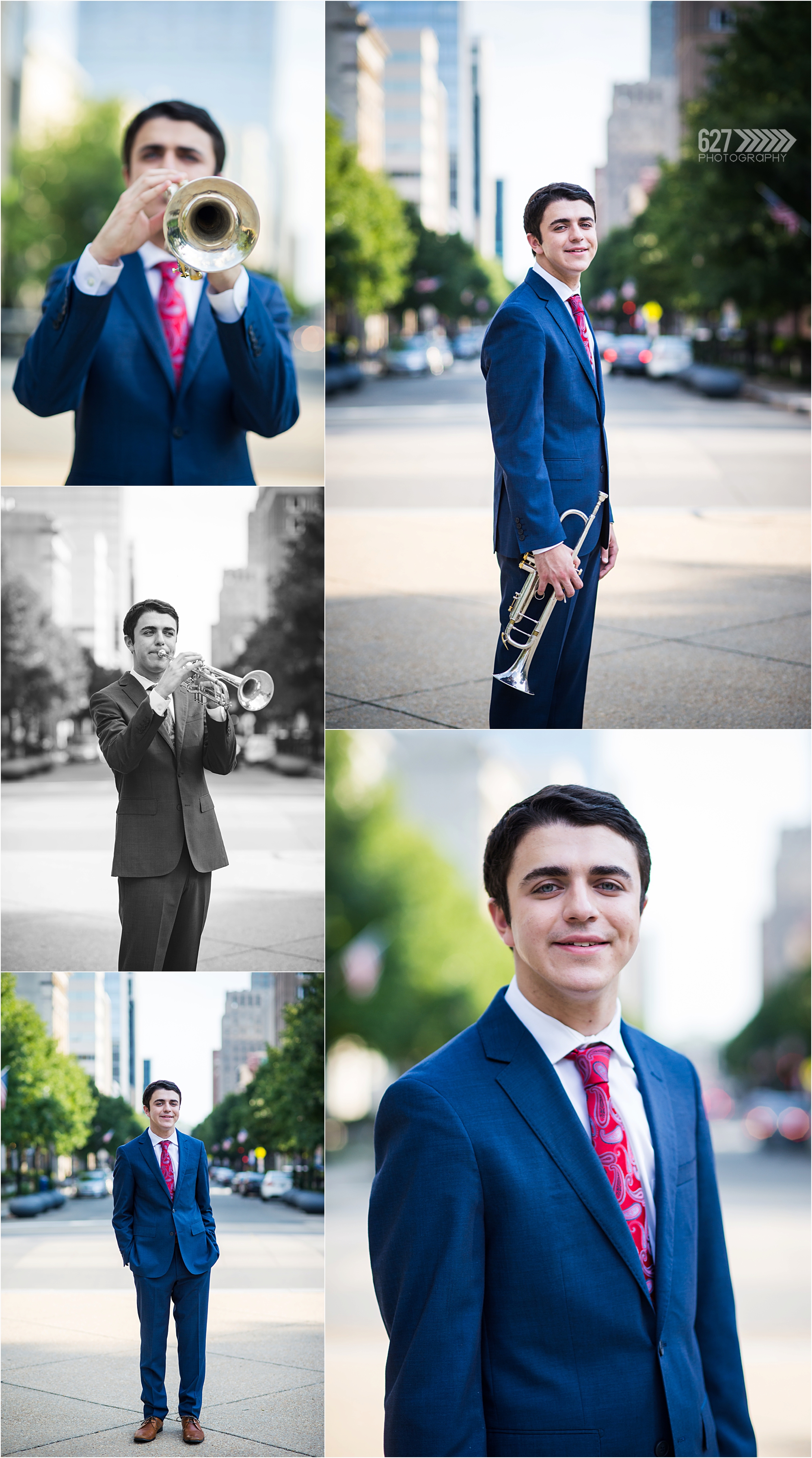 Cary Academy Senior Portraits - senior boy with trombone downtown