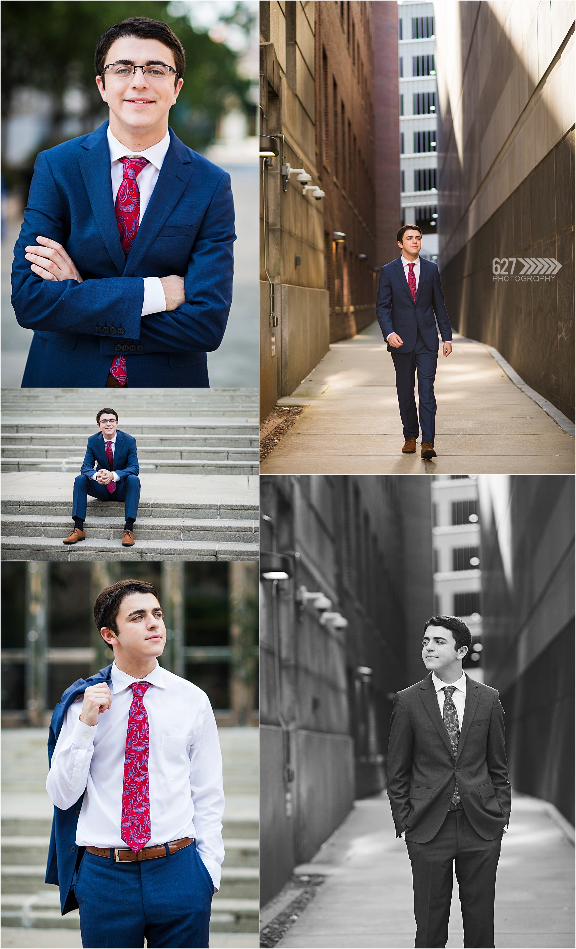 Cary Academy Senior Portraits - senior boy downtown capital building wearing blue suit