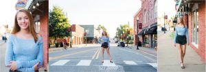 senior girl in crosswalk downtown walking city streets