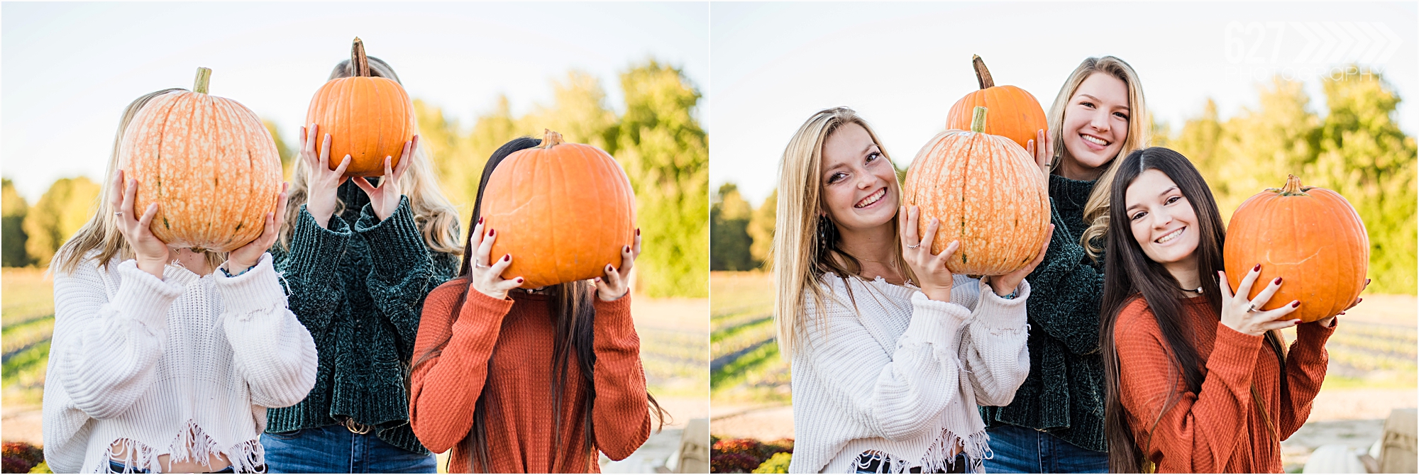 senior girls pumpkin patch fall portrait session