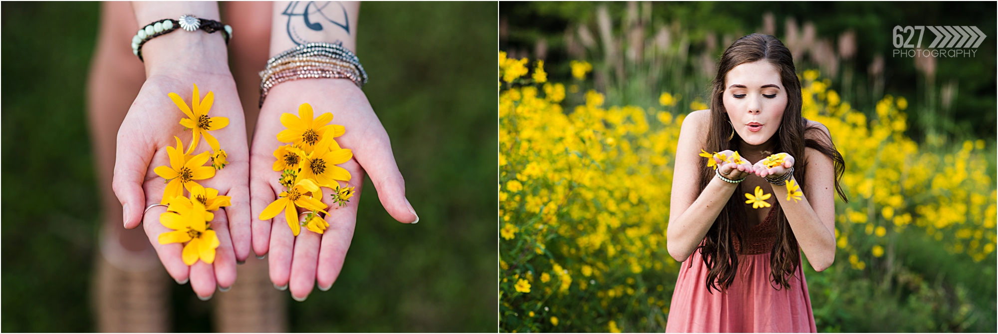 Senior girl in field of yellow flowers
