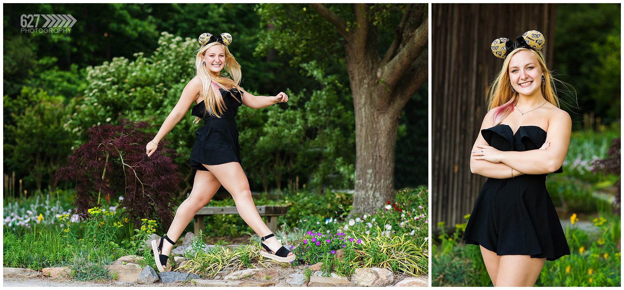 senior girl portrait with mickey ears and jumping