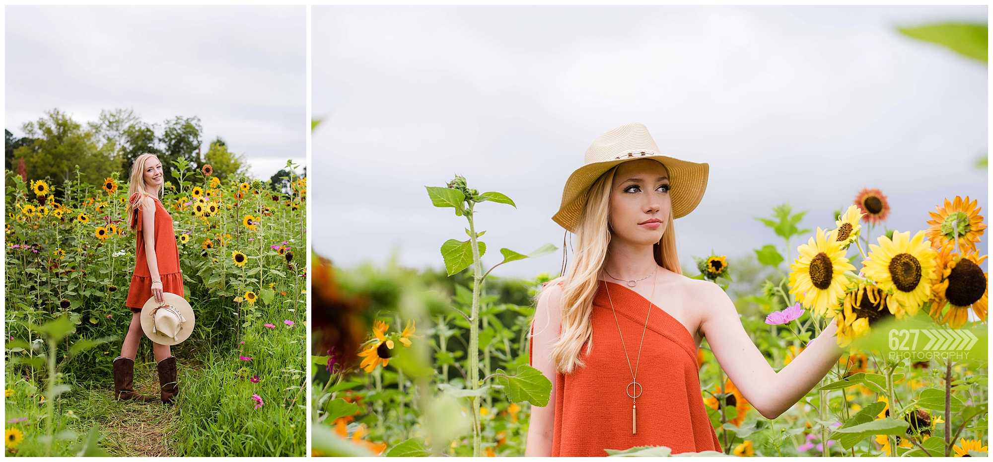 senior girl in sunflower field with straw hat