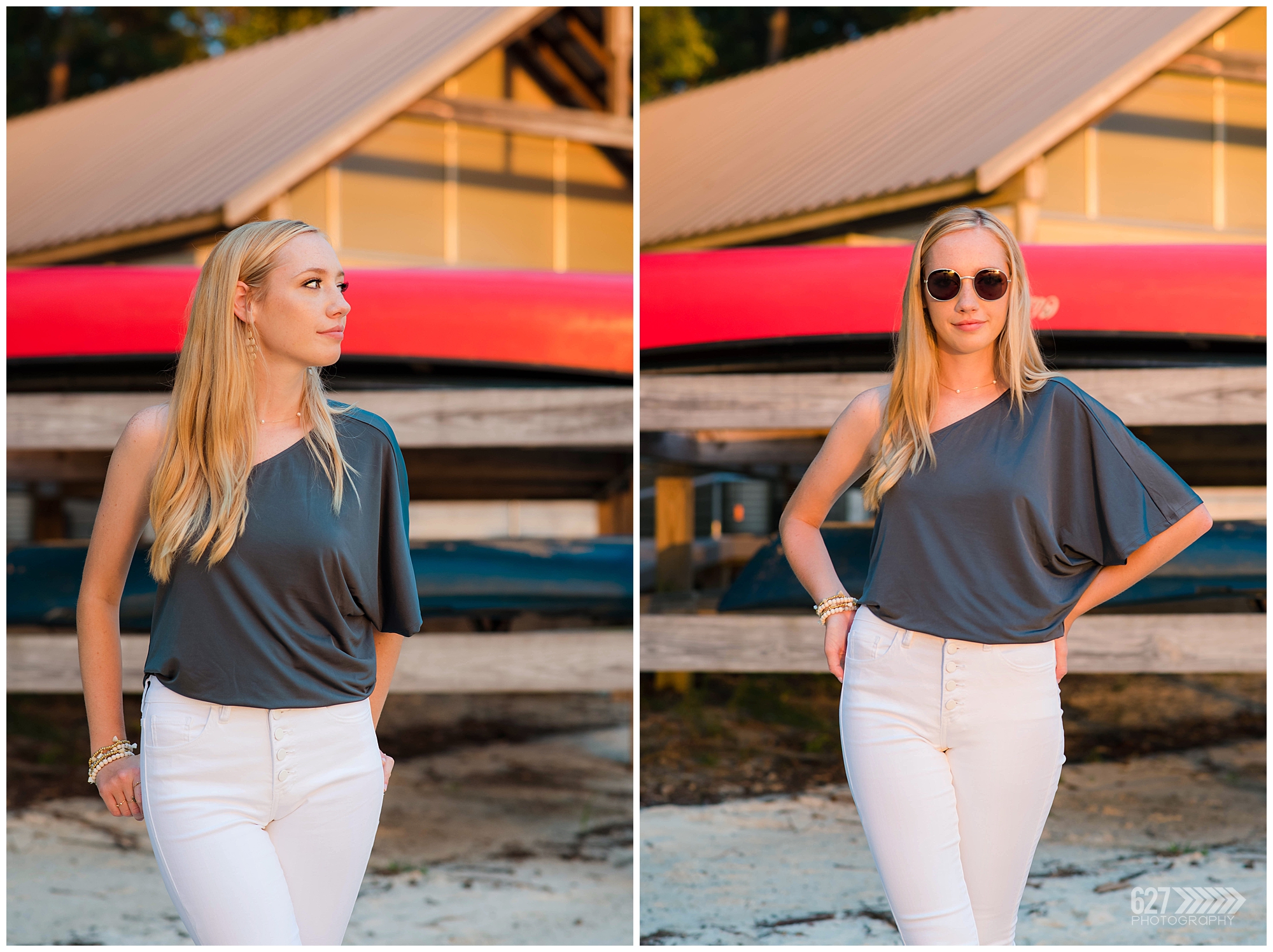 senior girl by the lake canoes  sunglasses