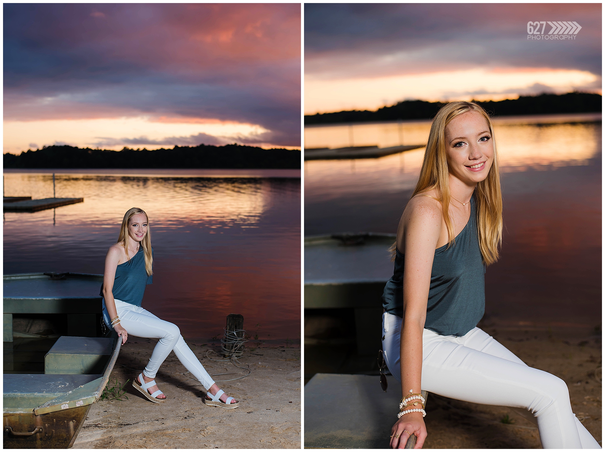 senior girl by the lake sunset