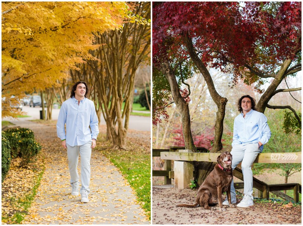 Fall Senior Portraits for Senior Guy in park with dog