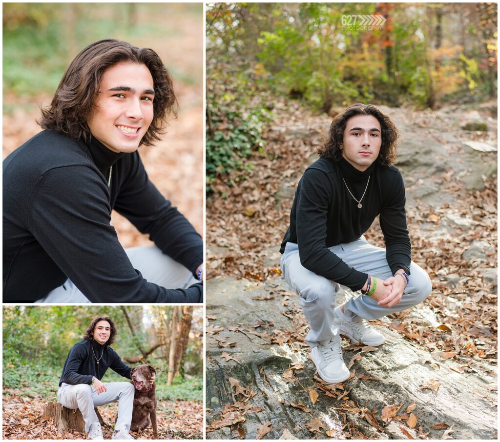 Fall Senior Portraits for Senior Guy in park with dog