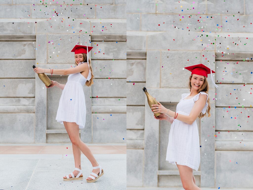 NC State Grad Cap and Gown Pictures at Bell Tower Champagne Popper