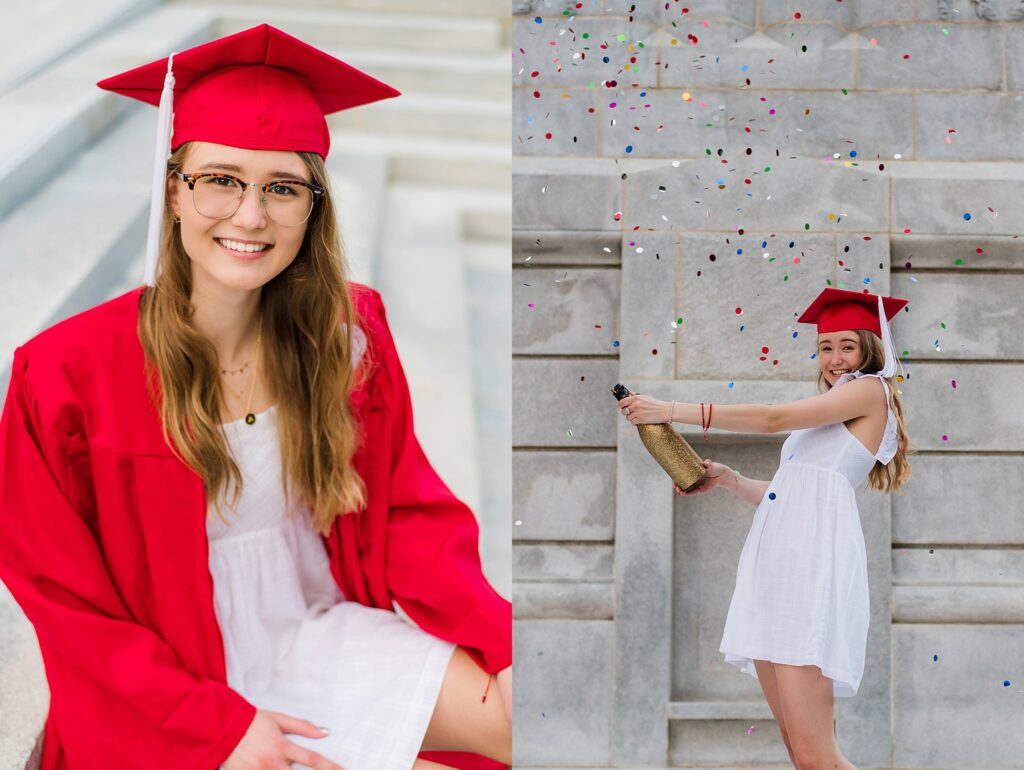 NC State Grad Cap and Gown Pictures at Bell Tower Champagne Popper