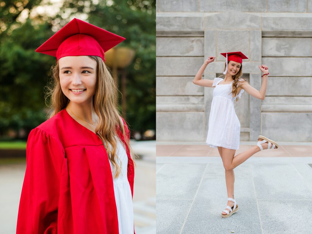 NC State Grad Cap and Gown Pictures at Bell Tower