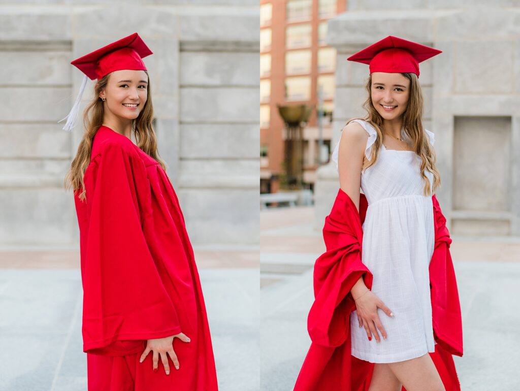 NC State Grad Cap and Gown Pictures at Bell Tower