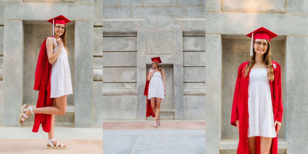 NC State Grad Cap and Gown Pictures at Bell tower