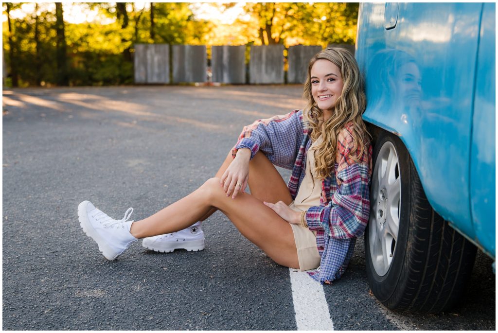 Senior Girl Downtown Raleigh Blue VW Van