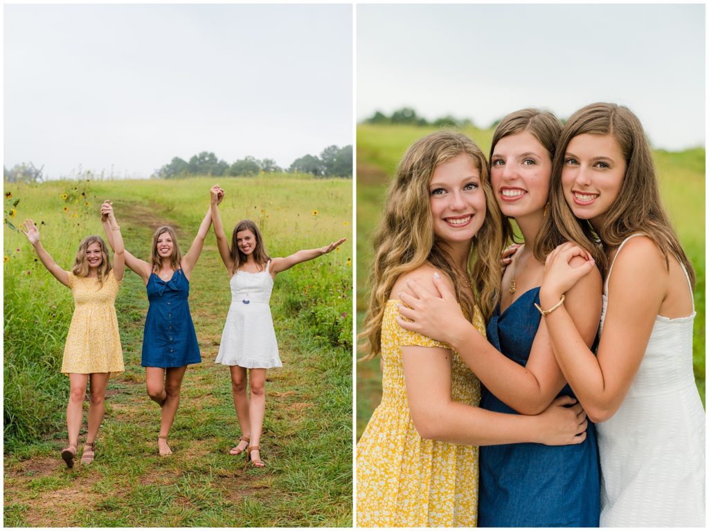 Triplet senior girls in wildflower fields