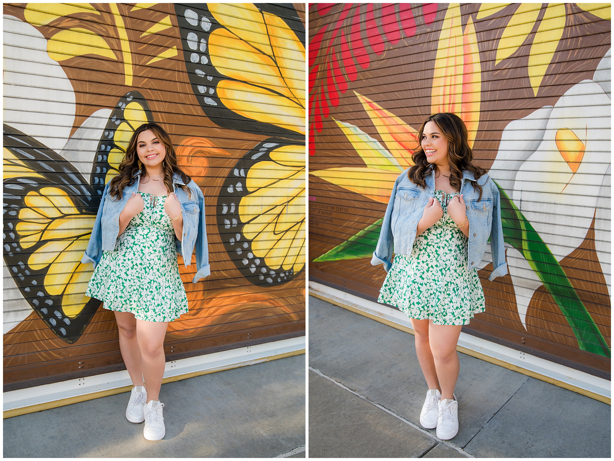 Senior girl in front of butterfly mural