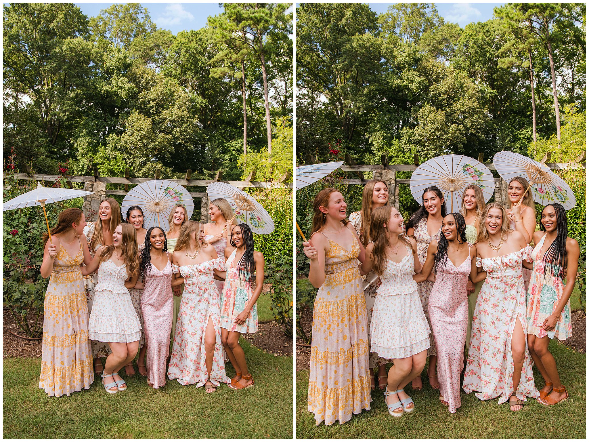 group of friends garden party photoshoot with parasols