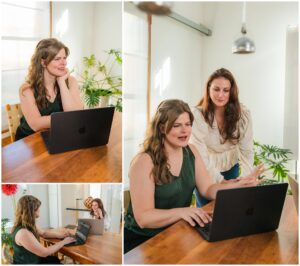 Therapists brainstorming and working on a laptop during a collaborative Raleigh branding shoot
