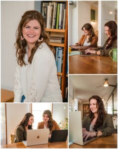Therapists brainstorming and working on a laptop during a collaborative Raleigh branding shoot