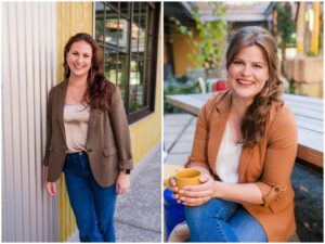 Two therapists collaborating during their Raleigh branding session for a joint business venture