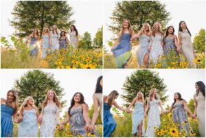 Teen girls walking through wildflowers in soft summer light, smiling and enjoying the moment