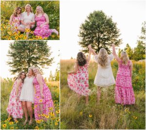 Teen girls walking through wildflowers in soft summer light, smiling and enjoying the moment