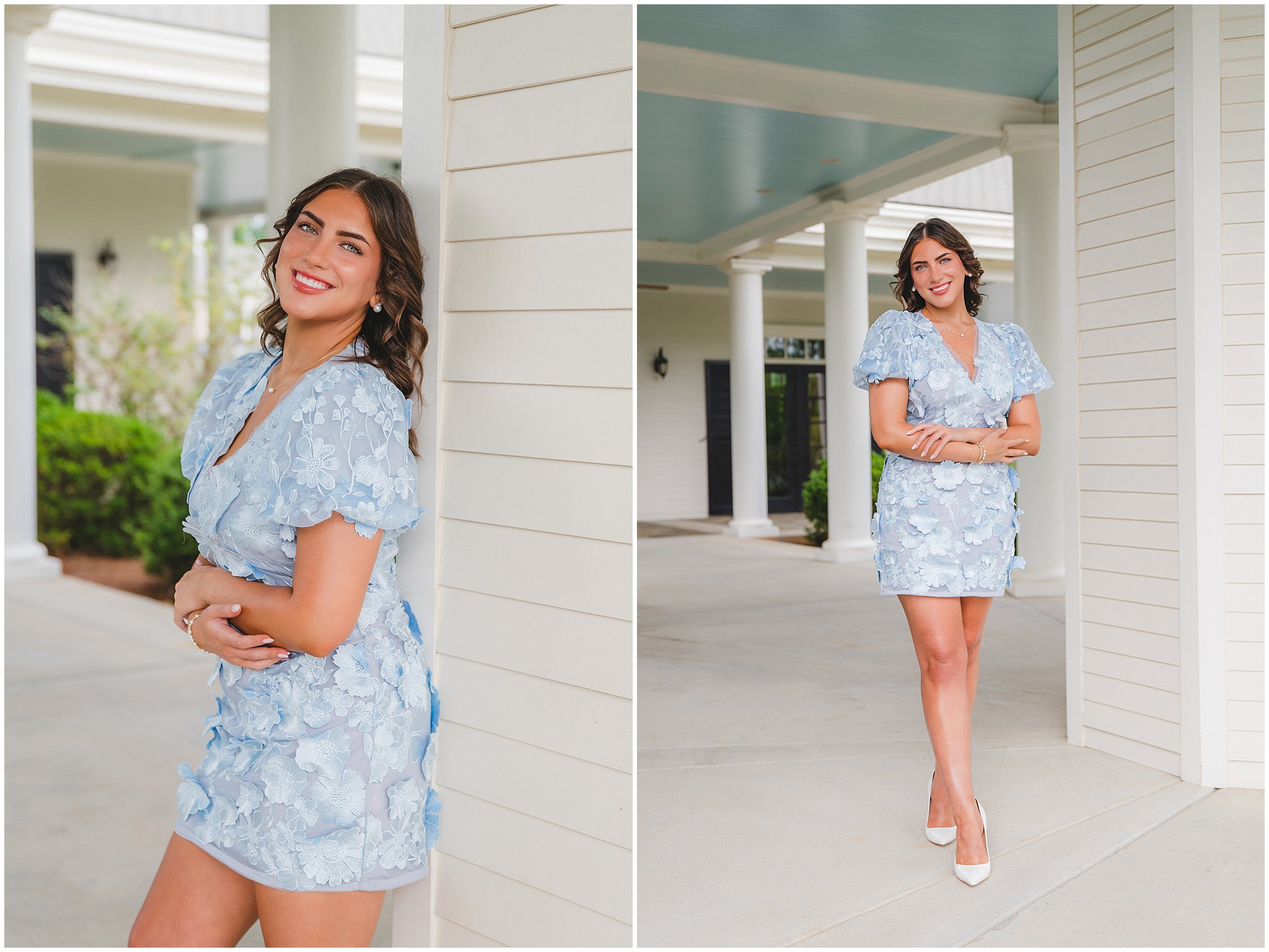 senior girl at country club blue ceiling on porch for senior photos