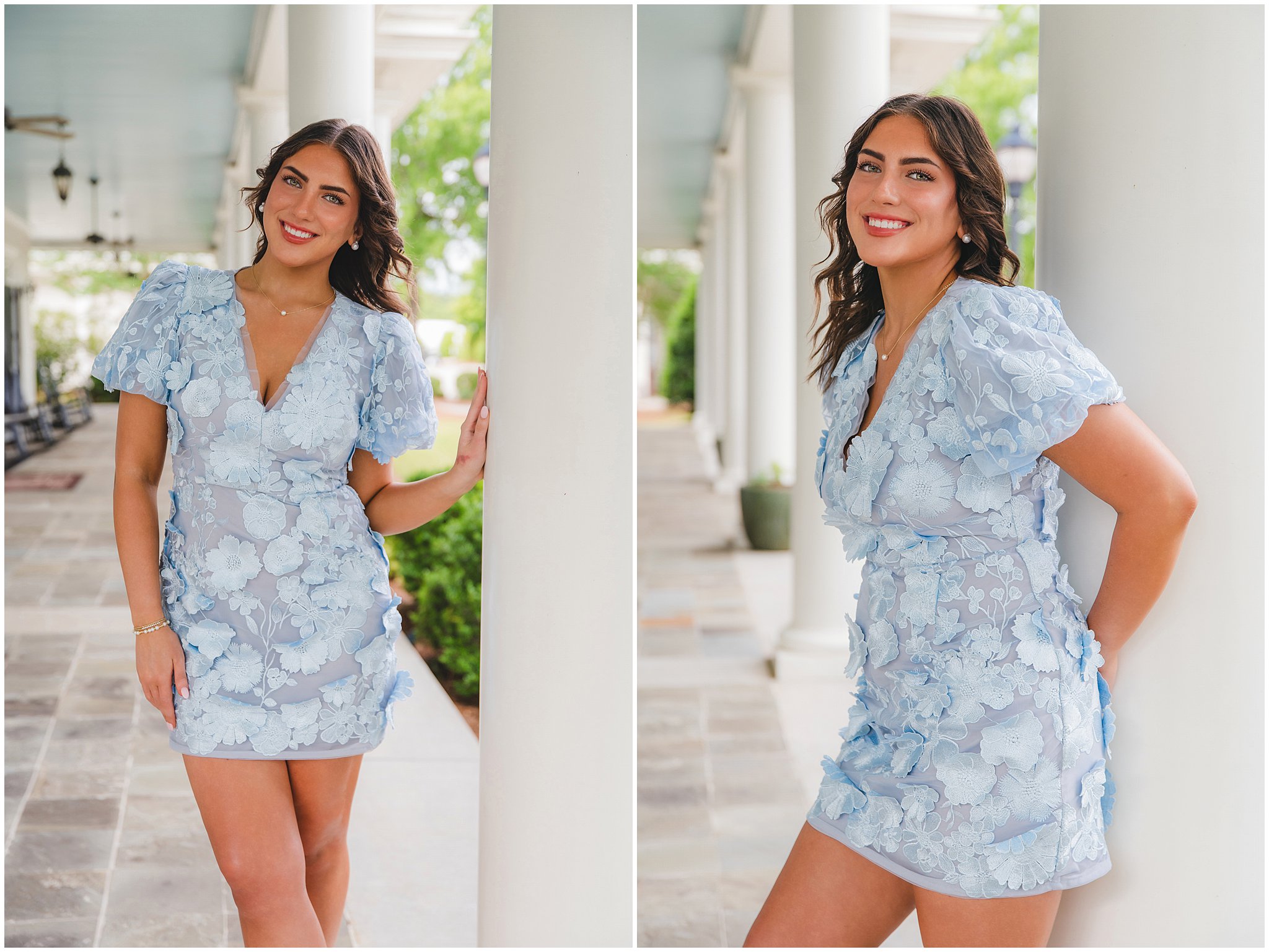 senior girl at country club blue ceiling on porch for senior photos