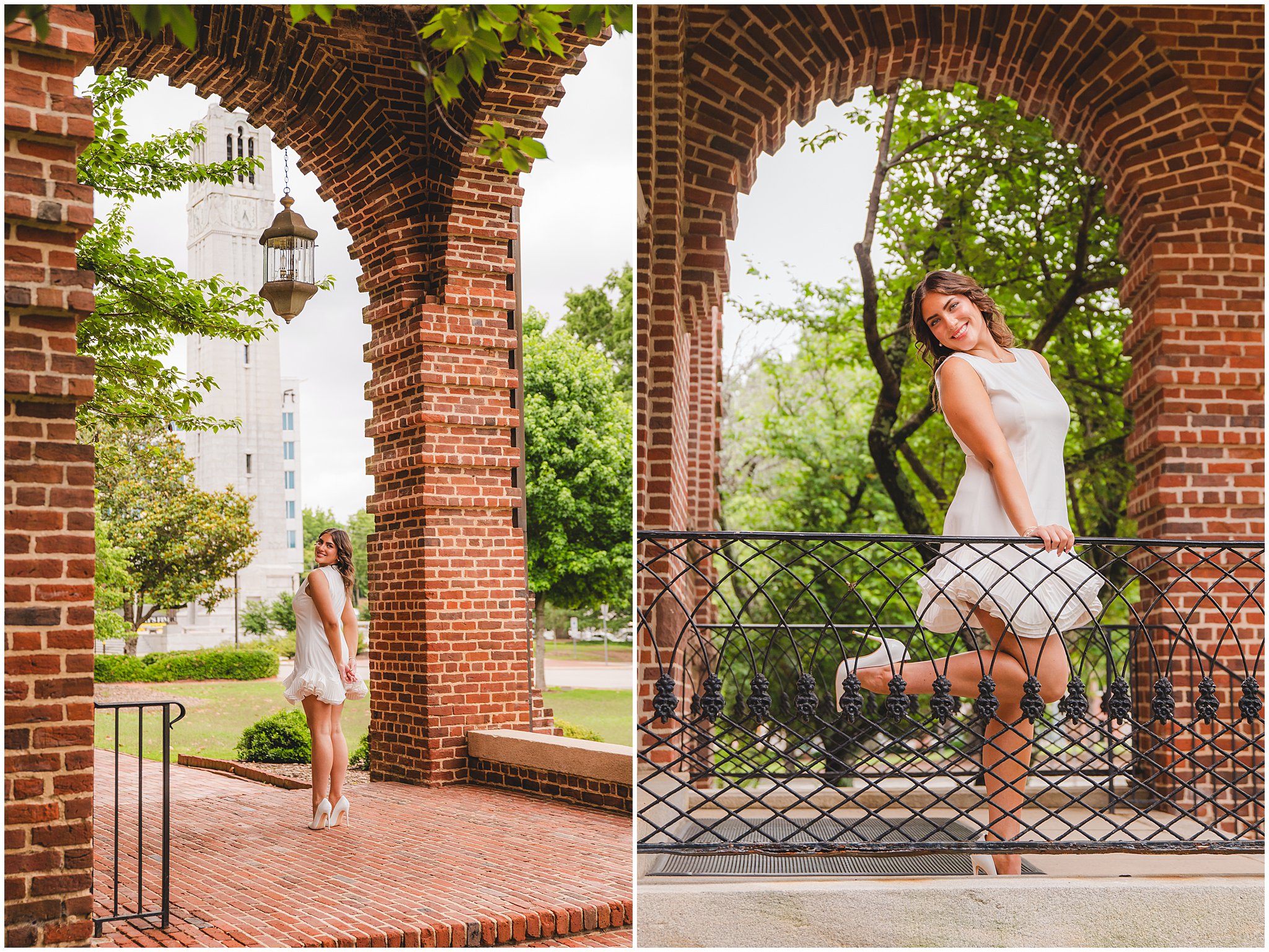 senior girl in front of NC state bell tower raleigh nc