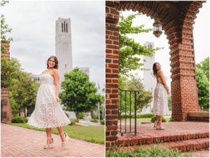 senior girl in front of NC state bell tower raleigh nc