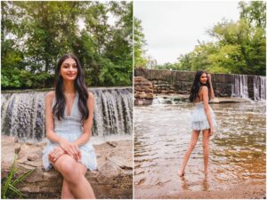 Senior girl standing by a creek with small waterfall