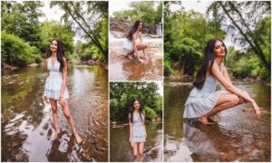 Senior girl standing by a creek with small waterfall