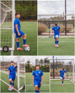 Natural senior photos of high school guy walking on soccer field in Apex North Carolina