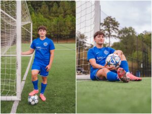 Natural senior photos of high school guy walking on soccer field in Apex North Carolina