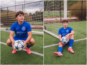 Senior photos of high school guy on soccer field in Apex North Carolina