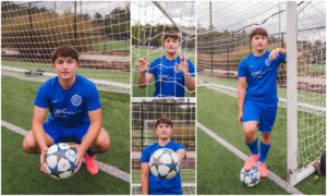Senior photos of high school guy on soccer field in Apex North Carolina