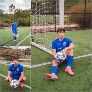 Senior photos of high school guy on soccer field in Apex North Carolina