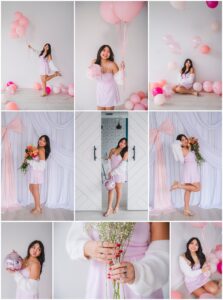 Senior girl posing in front of a large pink bow backdrop in studio session