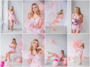 Senior girl holding pink disco ball during fun studio photoshoot