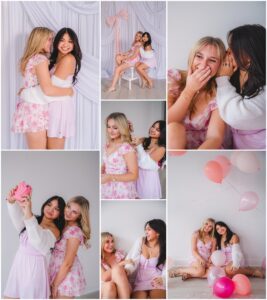 Senior girls taking polaroid photos of each other during model team shoot