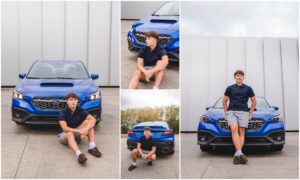 High school senior guy leaning against his car in Apex NC during senior photo session
