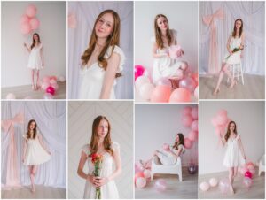 High school senior portraits in soft pink and white studio with natural light