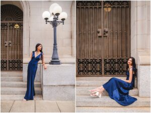Senior photo session with multiple locations including studio, downtown, and nature