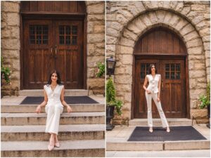 High school senior photos in downtown area with textured walls and steps