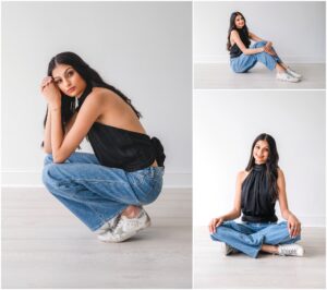 High school senior girl studio portrait with clean backdrop in Apex NC
