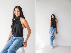 High school senior girl studio portrait with clean backdrop in Apex NC
