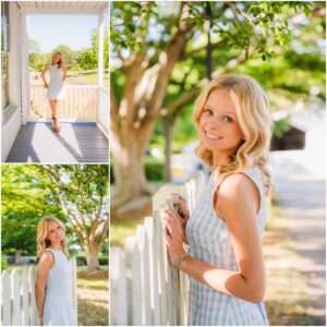 Senior pictures at Oak View Historic Farm with rustic barn backdrop in Raleigh NC