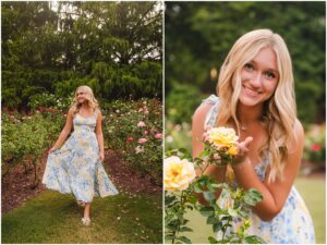 High school senior in a floral dress during a rose garden senior photo session.