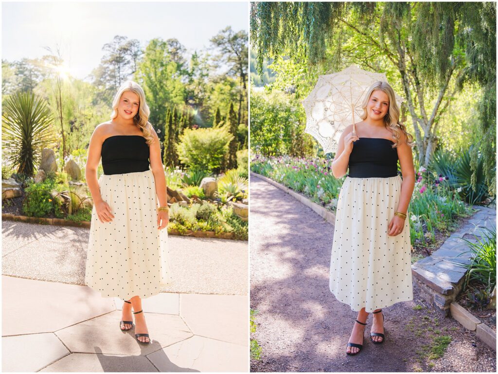 senior portrait at Duke Gardens with spring flowers in the walkways